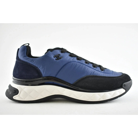 Chanel 21A Mens Blue Black White CC Logo Lace Up Low Top Trainer Sneaker 44 11 - Picture 2 of 7